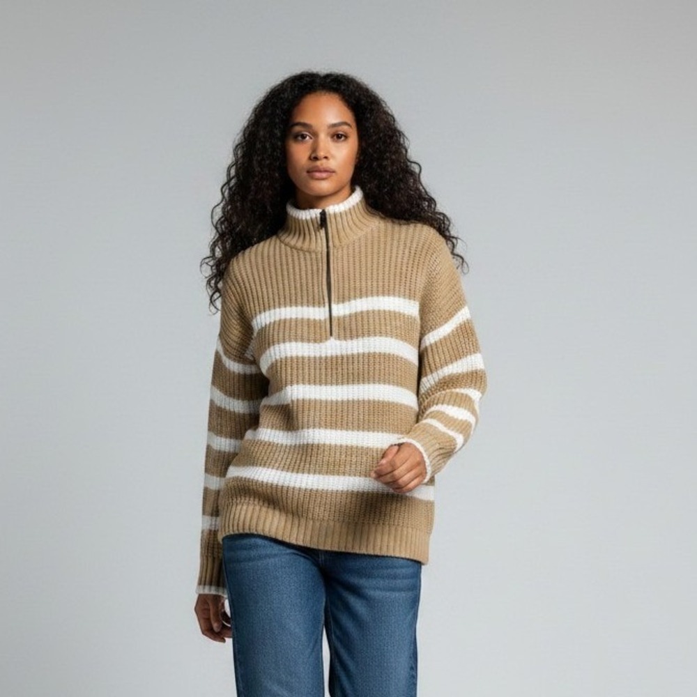 Sanctuary Tan White Striped Quarter Zip Sweater Womens Medium Shaker Knit Mock